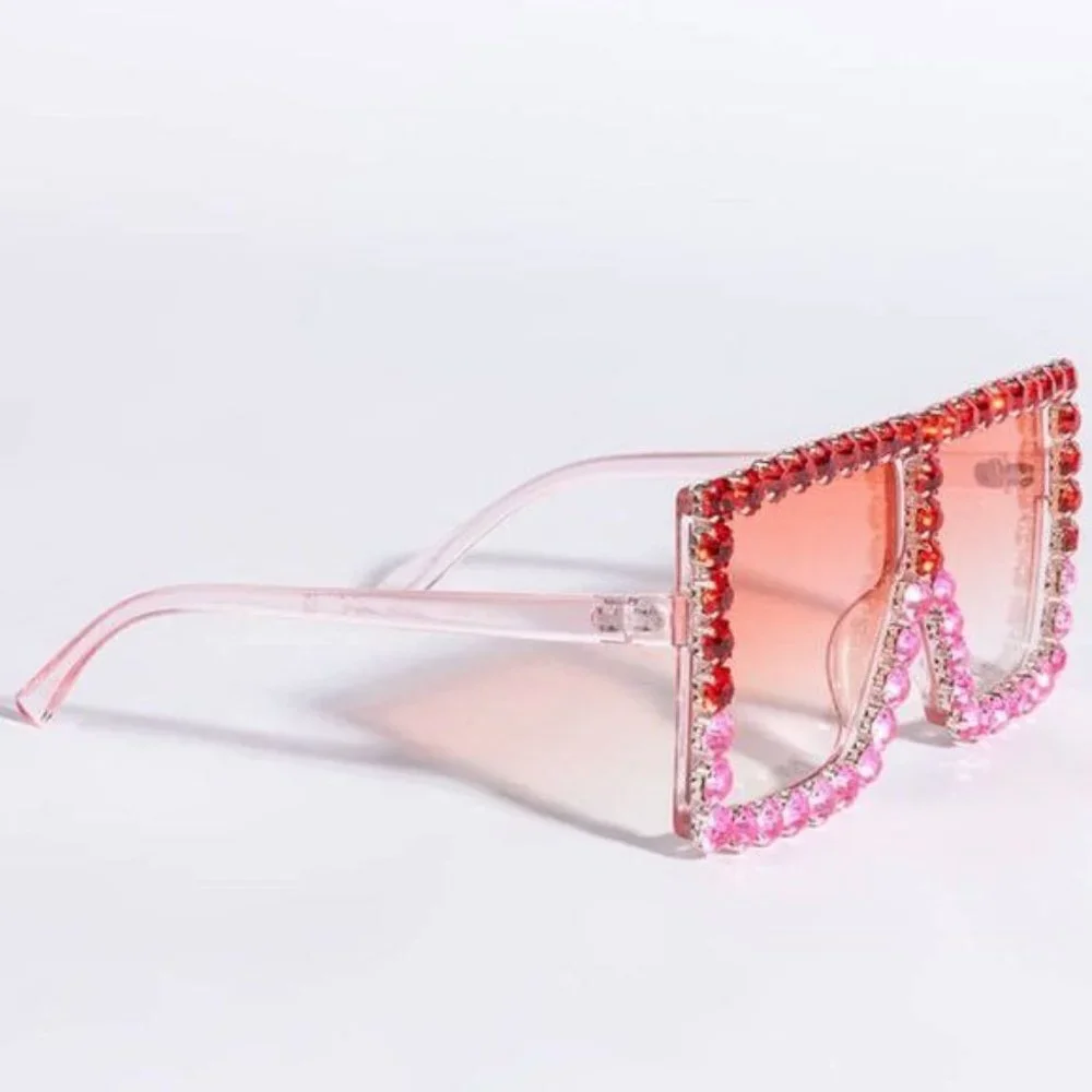 Stasia Sweet Valentine Rose Red Pink Ombre Oversized Rhinestone Sunnies - Picture 2 of 3